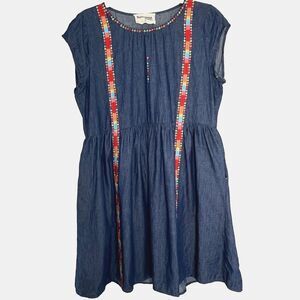 Savanna Jane Chambray Boho Cottagecore Rainbow Embroidered Pocket Dress SZ M